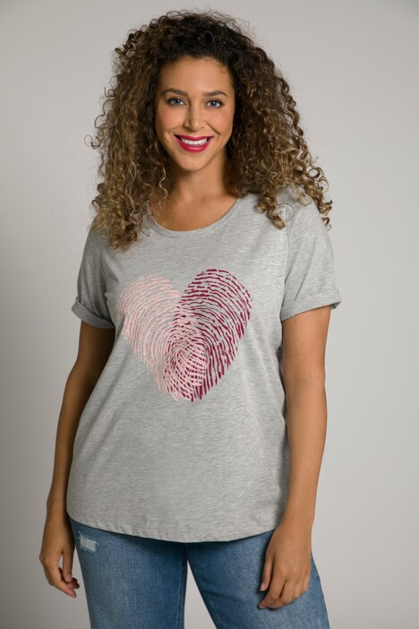 T-shirt classica con cuore con impronta digitale, scollo a girocollo e mezze maniche