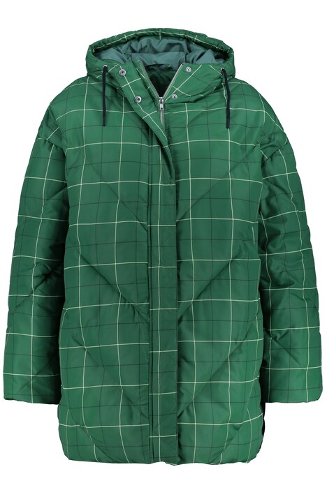 Prošívaná bunda, lehce oversize, kapuce, dlouhé rukávy, kostkovaný potisk