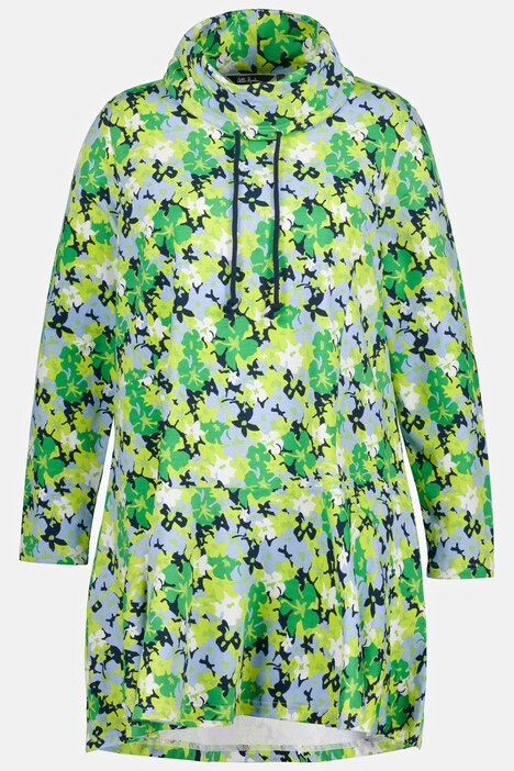 Sudadera larga, flores, dobladillo de volantes, cuello alzado, manga larga