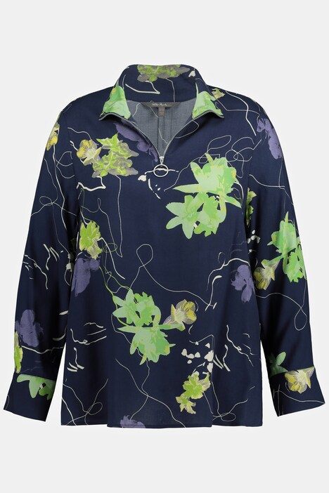 Cheerful Floral Print Zip Front Long Sleeve Soft Blouse