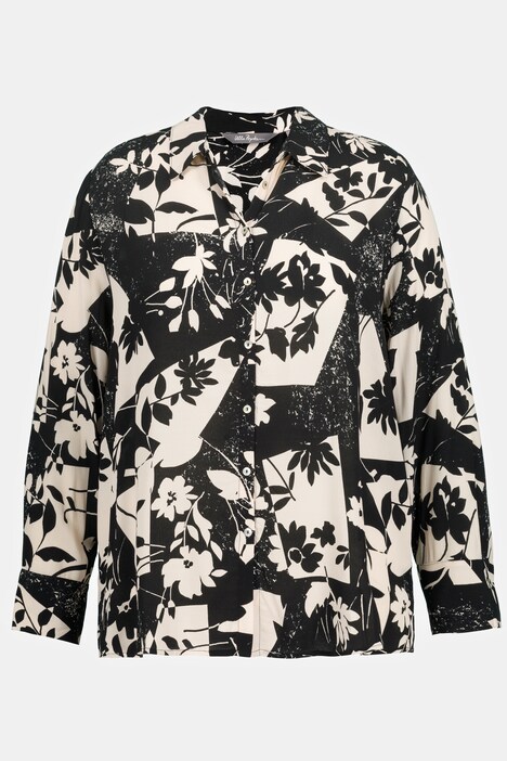 Bluse, blomstret tryk, skjortekrave, lange ærmer