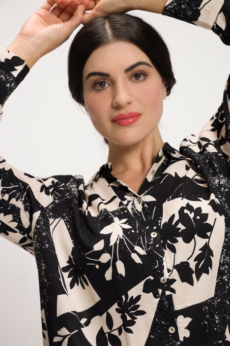 Bluse, blomstret tryk, skjortekrave, lange ærmer