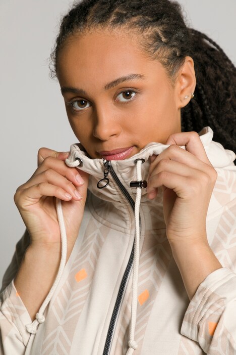 Long-Sweatjacke, grafischer Druck, A-Linie, Stehkragen