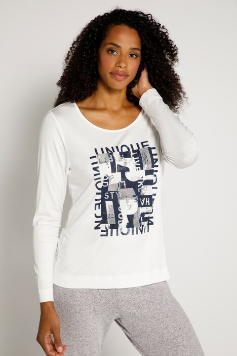 Shirt, Schriftdruck, Ziersteine, Rundhals, Langarm, hochwertige Viskose