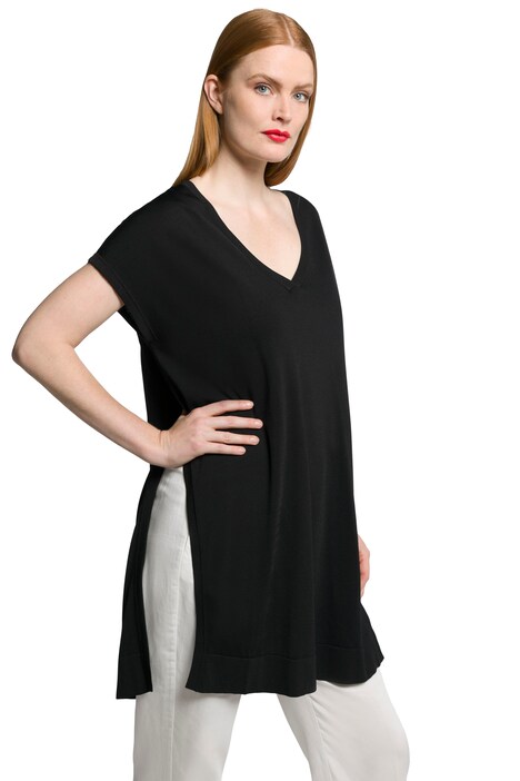Dlouhý svetr bez rukávů, oversize, výstřih do V