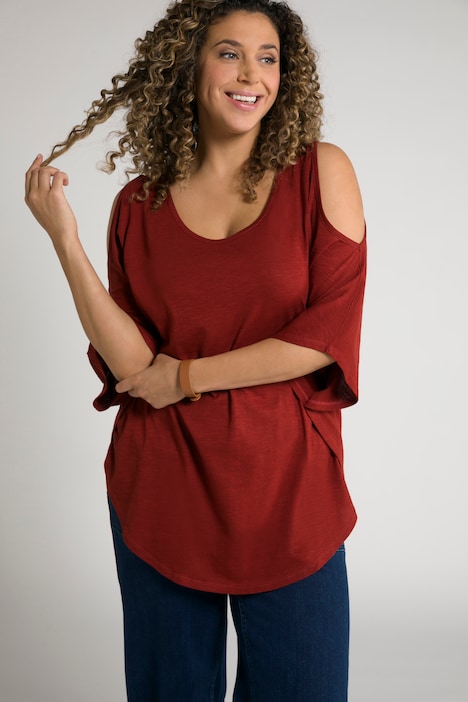 Camiseta kimono, forma en A, Cut-Out, cuello redondo, manga 3/4