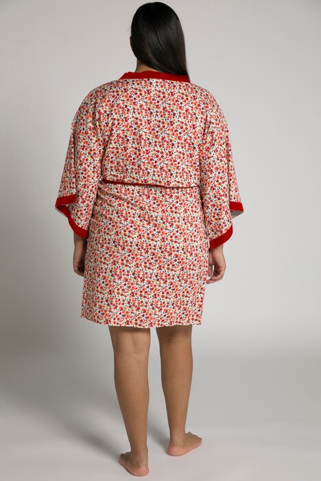 Kimono, fleurs, col châle, lien à nouer