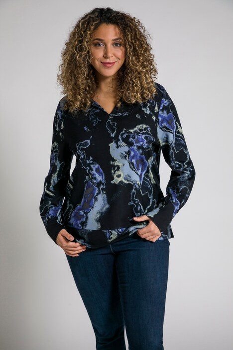 Sudadera, estampado de mármol, cuello de túnica, manga larga