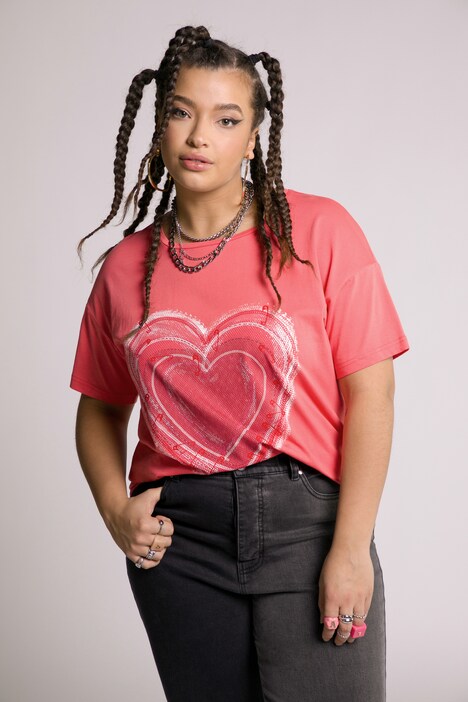 Camisa de corazón, sobredimensionada, corazón, cuello redondo, manga al codo