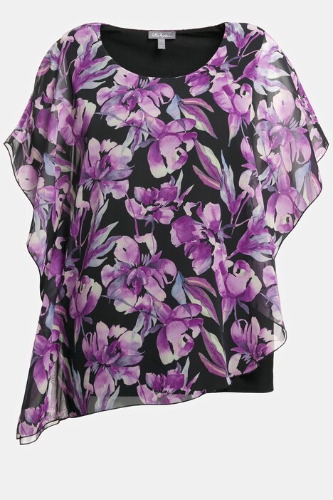 chiffon blouse, dubbellaags, bloemen, ronde hals, korte mouwen