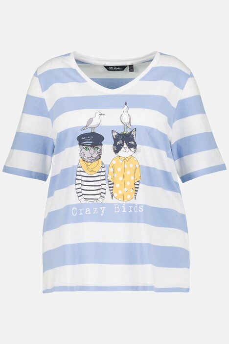 T-shirt classica a righe con gatto, scollo a V e mezze maniche