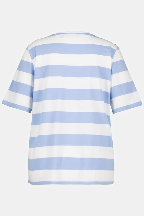T-shirt classica a righe con gatto, scollo a V e mezze maniche