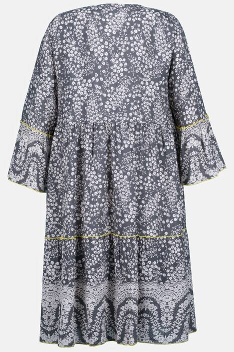 Midikleid, Blätter, Tunika-Ausschnitt, Volants, 3/4-Arm, hochwertige Viskose