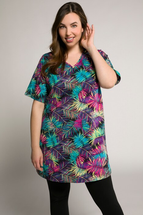 Palm Print V-Neck Cotton Knit Tunic