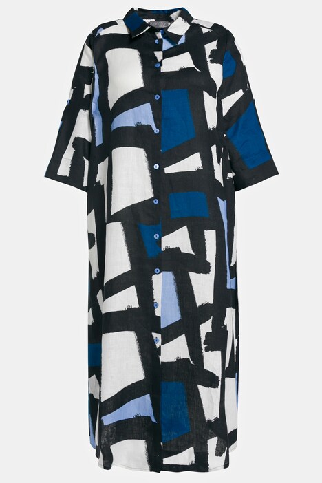 Graphic Print Button Front Linen Dress