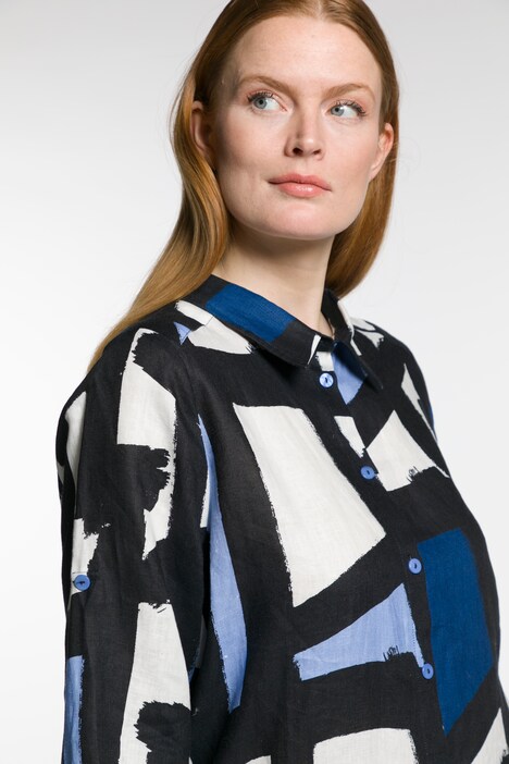 Graphic Print Button Front Linen Dress