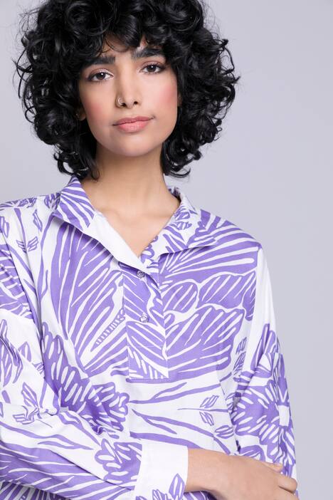 Bluse, Identity, Blüten, Oversized, Stehkragen, Langarm