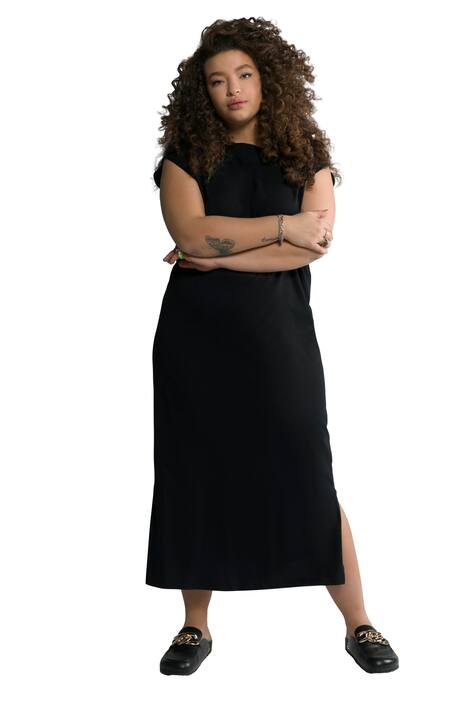 Žerzejové šaty, lehce oversize, kulatý výstřih, postranní rozparky