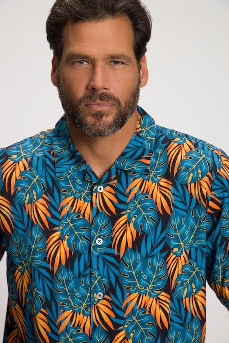 Camisa, ropa de playa, manga al codo, cuello cubano, estampado completo, ajuste básico moderno
