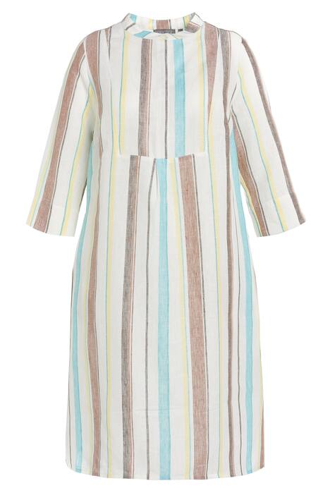 Lněné šaty, pruhy, A střih, stojáček, 3/4 rukávy