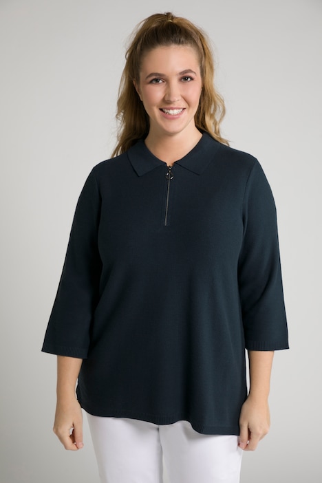 Pull, col polo, zip, manches 3/4