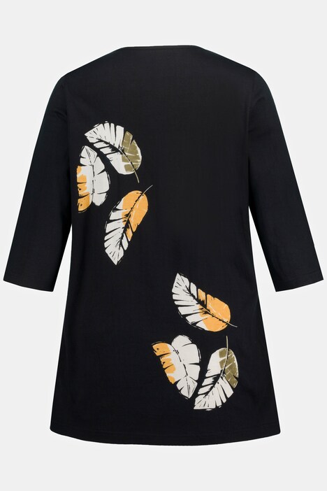 Maglia lunga con stampa con piume, scollo a girocollo e maniche a 3/4