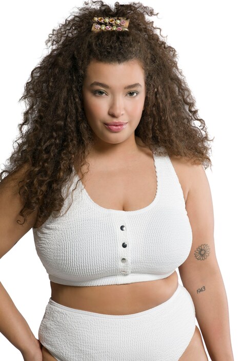 Bikiny top, ozdobná knoflíková léga, síťované košíčky, struktura