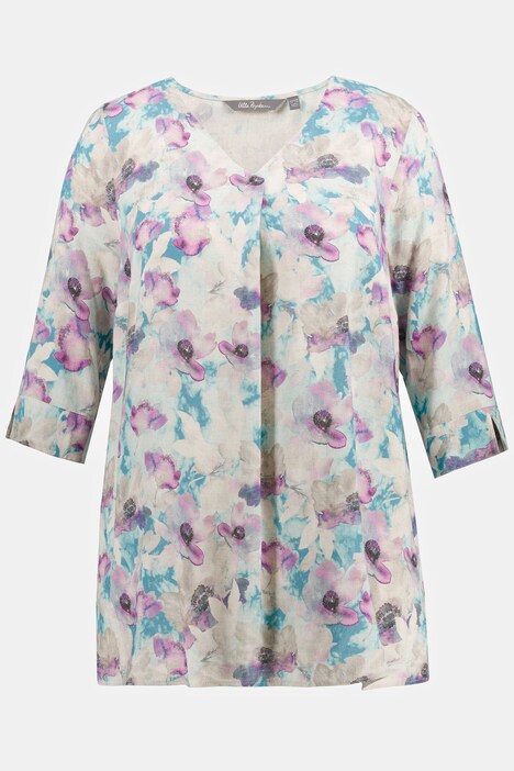 Blusa, de línea A, mezcla de lino, con patrón de flores, escote de túnica, manga 3/4