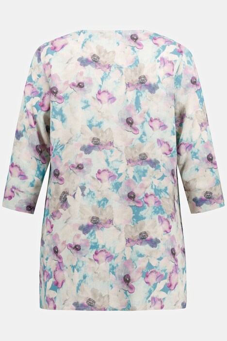 Blusa, de línea A, mezcla de lino, con patrón de flores, escote de túnica, manga 3/4