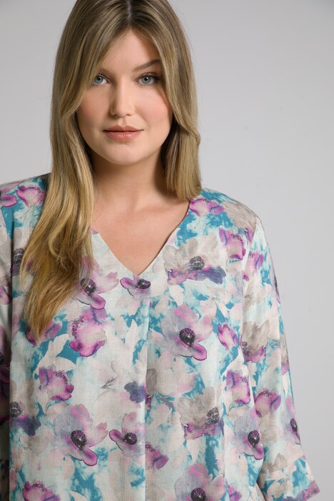Blusa, de línea A, mezcla de lino, con patrón de flores, escote de túnica, manga 3/4