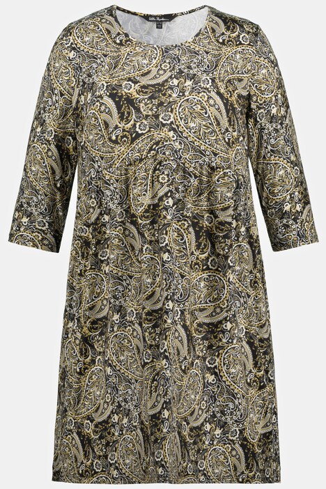 jurk, jersey, paisley, ronde hals, 3/4-mouwen