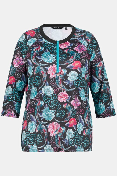 Colorful Koi Zip Front Functional Stretch Knit Top