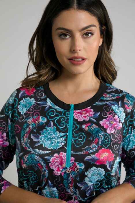 Colorful Koi Zip Front Functional Stretch Knit Top