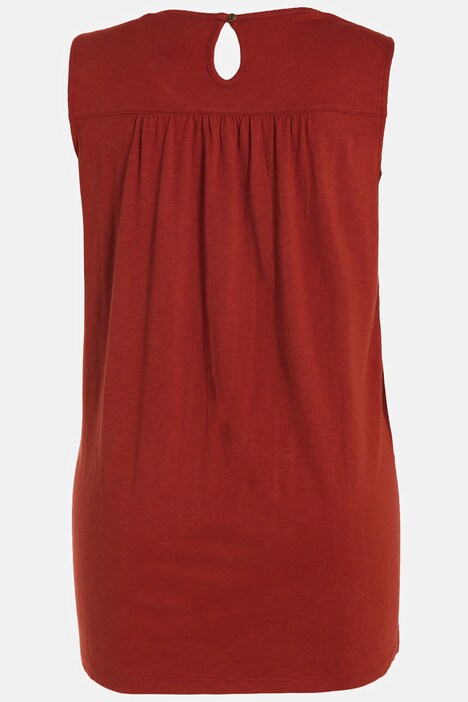 Top, bordado, busto fruncido, cuello redondo, sin mangas