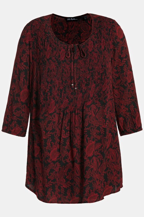 Two Tone Leaf Print Tie Neck Smocked Bodice Crepe Blouse