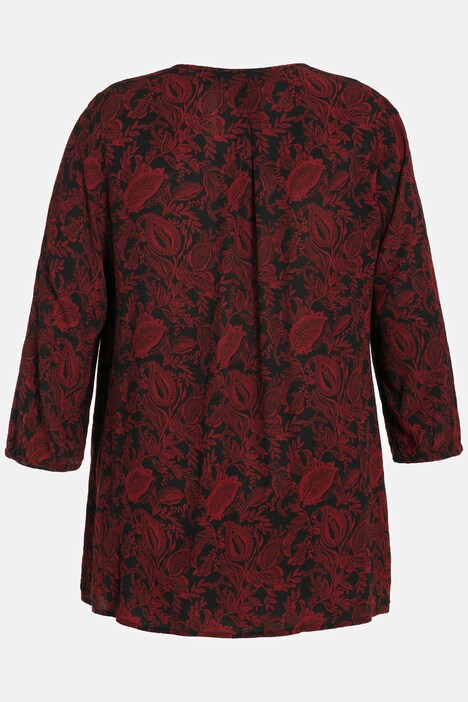 Two Tone Leaf Print Tie Neck Smocked Bodice Crepe Blouse