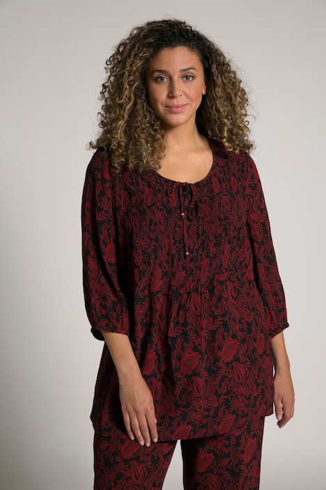 Two Tone Leaf Print Tie Neck Smocked Bodice Crepe Blouse