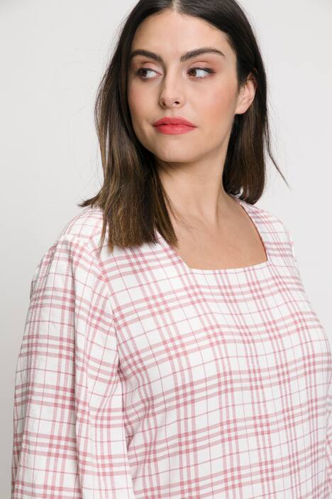Blouse, carreaux, encolure ronde, manches courtes trompette