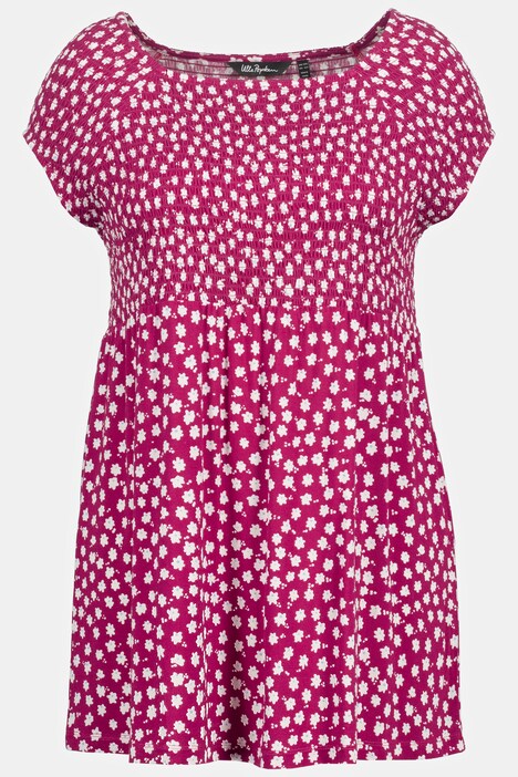 Smock-topp, blomstret, A-linje, rund hals, korte ermer