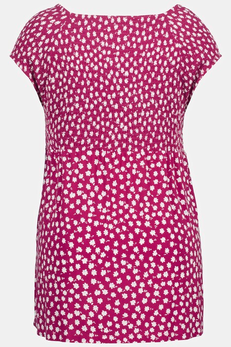Smock-topp, blomstret, A-linje, rund hals, korte ermer