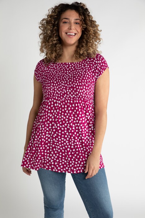 Smock-topp, blomstret, A-linje, rund hals, korte ermer