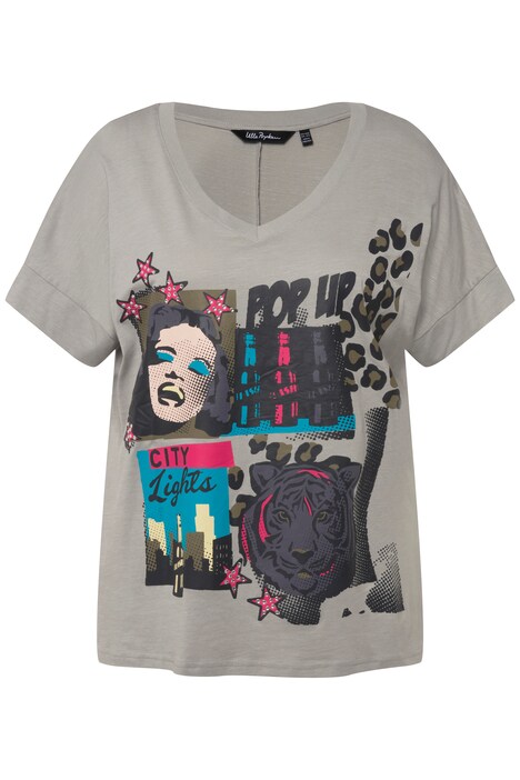 Tričko, PopArt potisk, oversize, výstřih do V, krátké rukávy