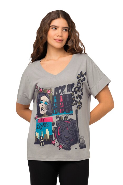 Tričko, PopArt potisk, oversize, výstřih do V, krátké rukávy