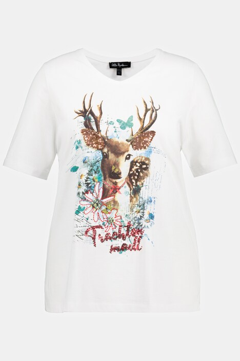 Trachtenshirt, Reh, Stickerei, V-Ausschnitt, Halbarm