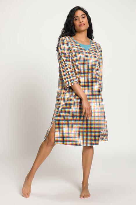 bigshirts, set van 2, geruit/uni, V-hals, 3/4-mouwen
