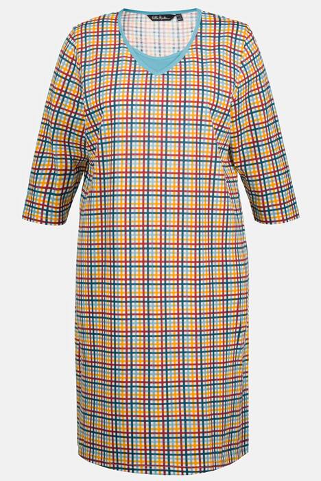 bigshirts, set van 2, geruit/uni, V-hals, 3/4-mouwen