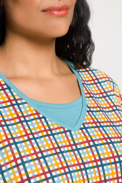 bigshirts, set van 2, geruit/uni, V-hals, 3/4-mouwen