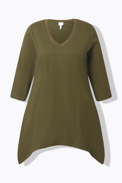T-shirt, finition en pointe, col en V, manches 3/4, coton bio