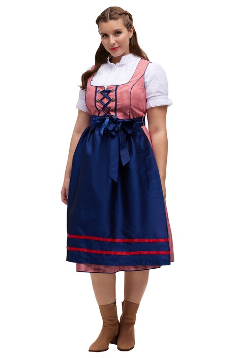 Dirndl, kostkovaný vzor, šněrování, hranatý výstřih, bez rukávů