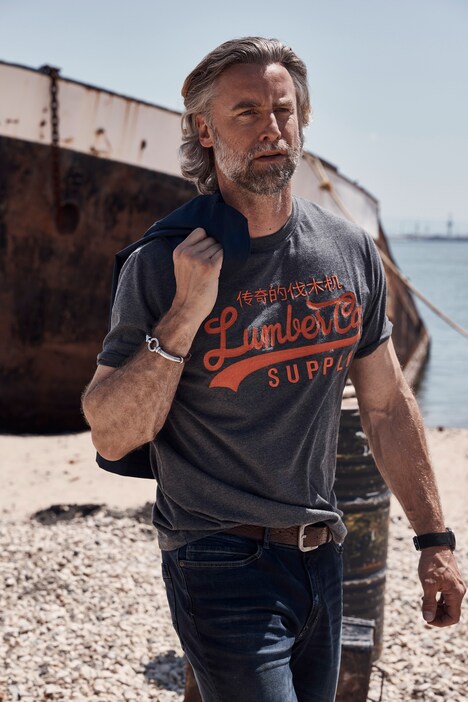 T-shirt, denim, korte mouwen, stiksel, gemêleerde jersey